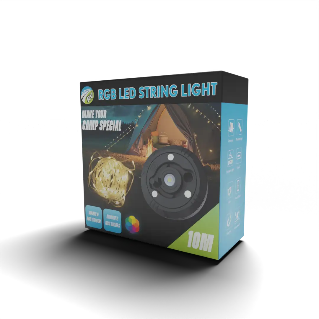 On The Road RV RGB LED string light 10mt with USB-C rechargeable base for camping and caravans