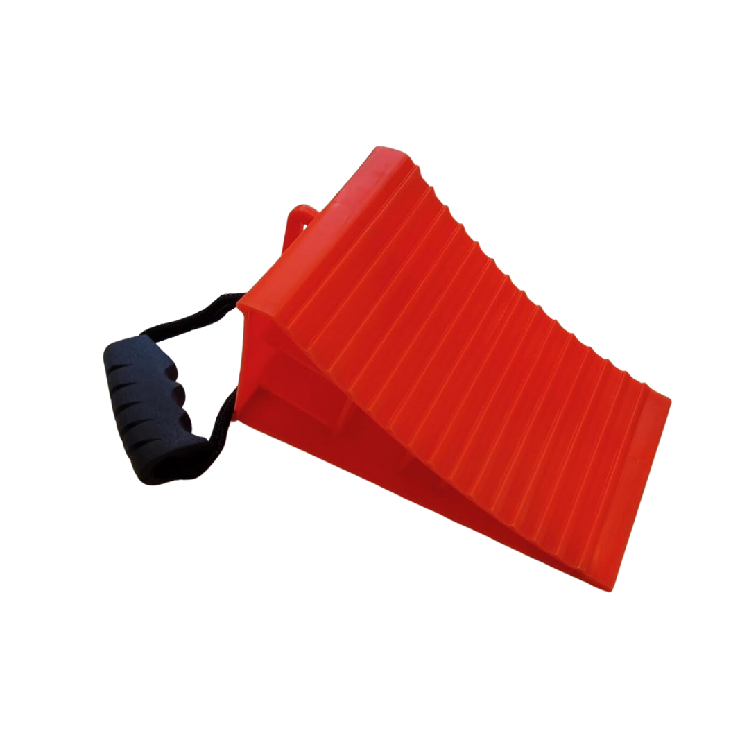 deluxe wheel chock with handle and cord for caravans and trailers