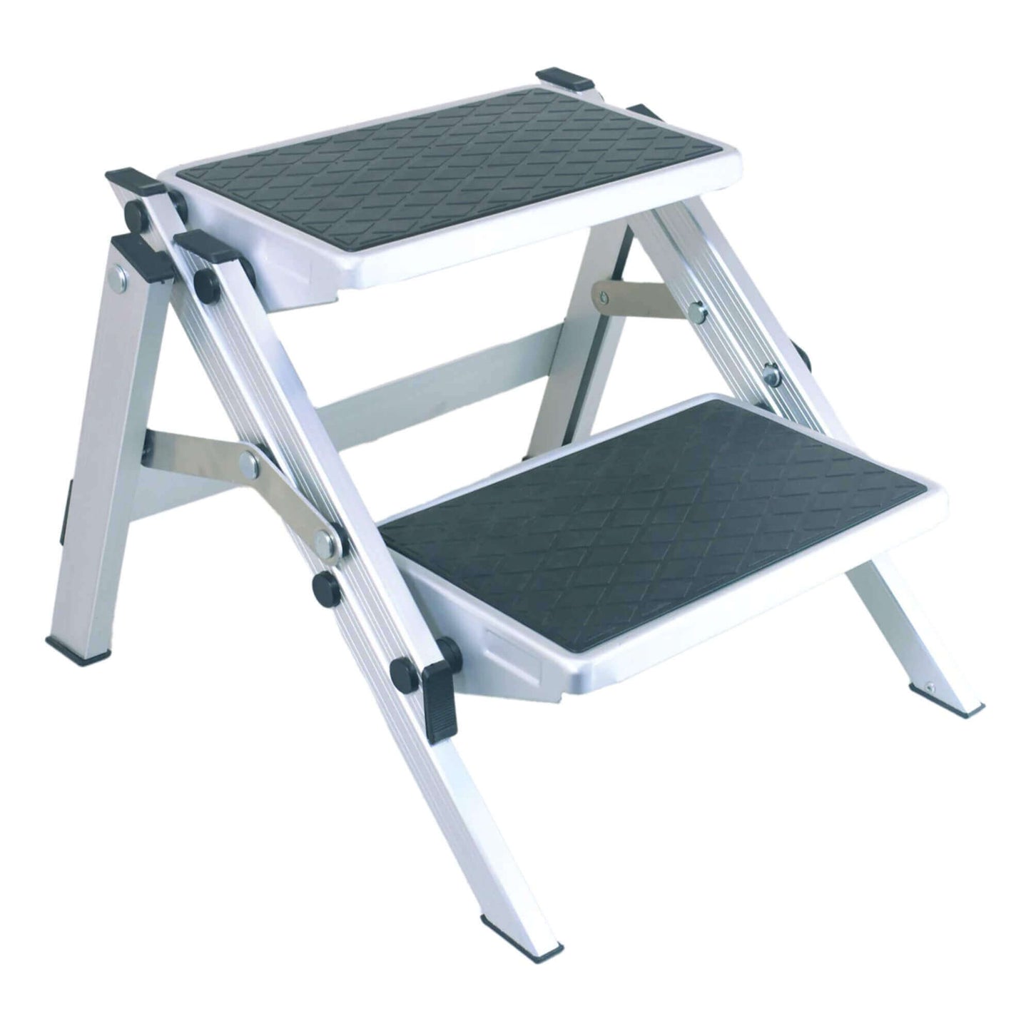 On The Road Dual Aluminium Folding Step 150kg rated with anti-slip surface and fold-flat design for higher access on caravans, campers, and 4WDs