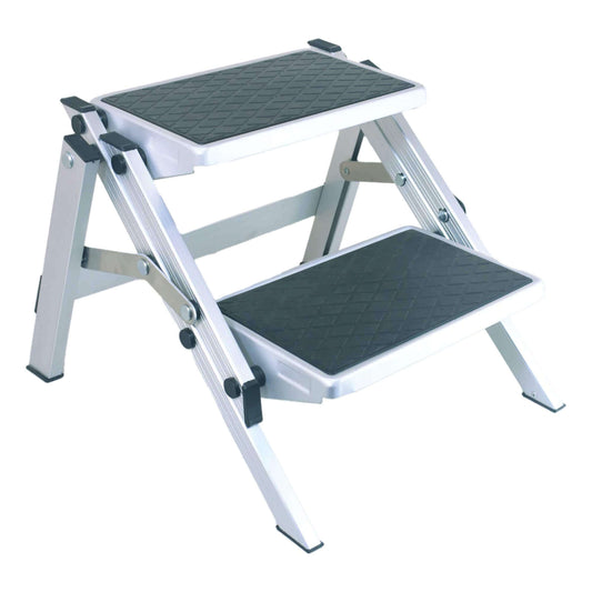 On The Road Dual Aluminium Folding Step 150kg rated with anti-slip surface and fold-flat design for higher access on caravans, campers, and 4WDs