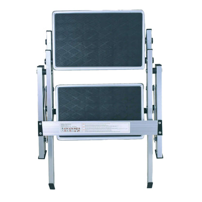 On The Road Dual Aluminium Folding Step 150kg rated with anti-slip surface and fold-flat design for higher access on caravans, campers, and 4WDs