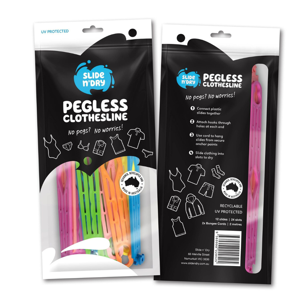 Slide N' Dry Pegless Clothesline with bungee cords for caravans and camping