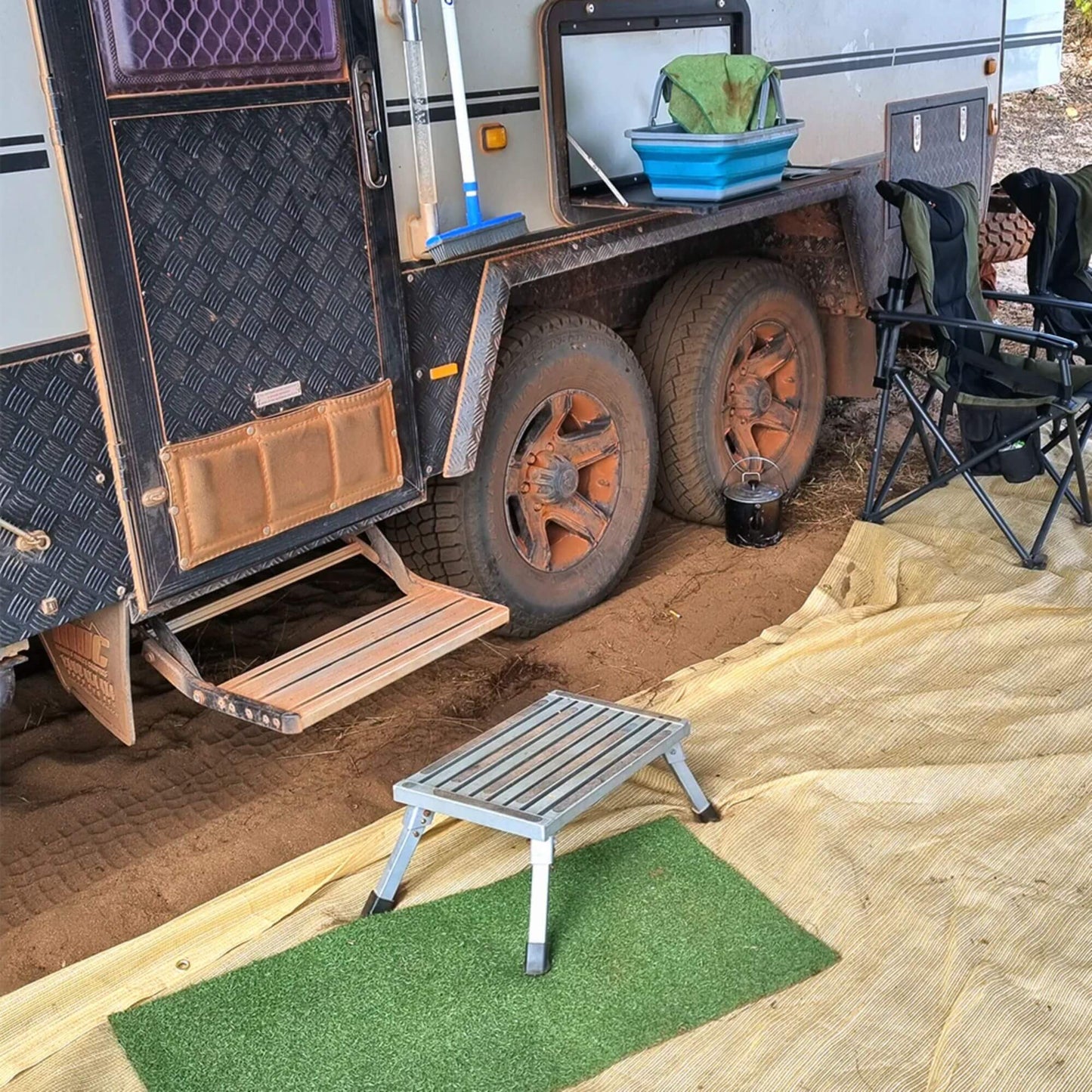 Heavy duty steel folding caravan step with anti-slip tread