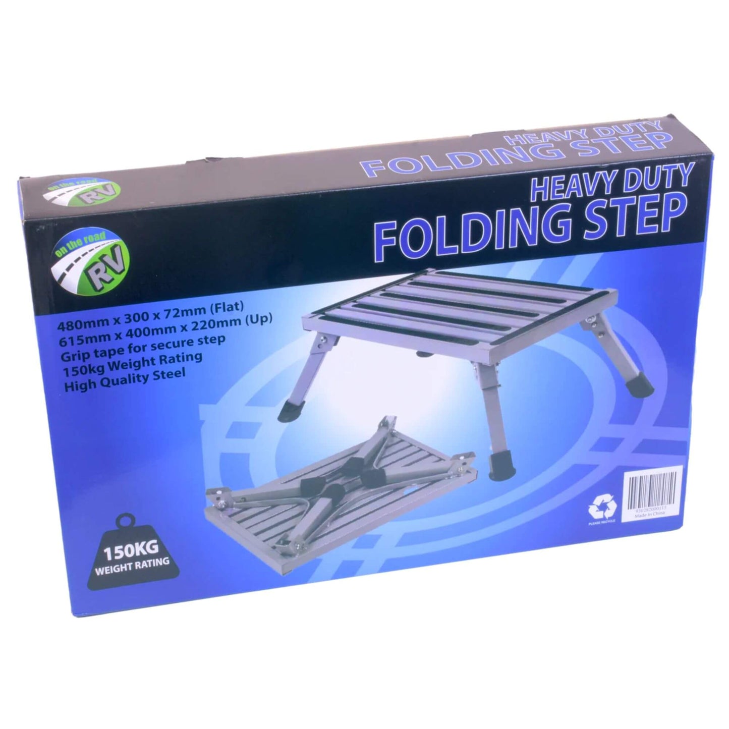 Heavy duty steel folding caravan step with anti-slip tread