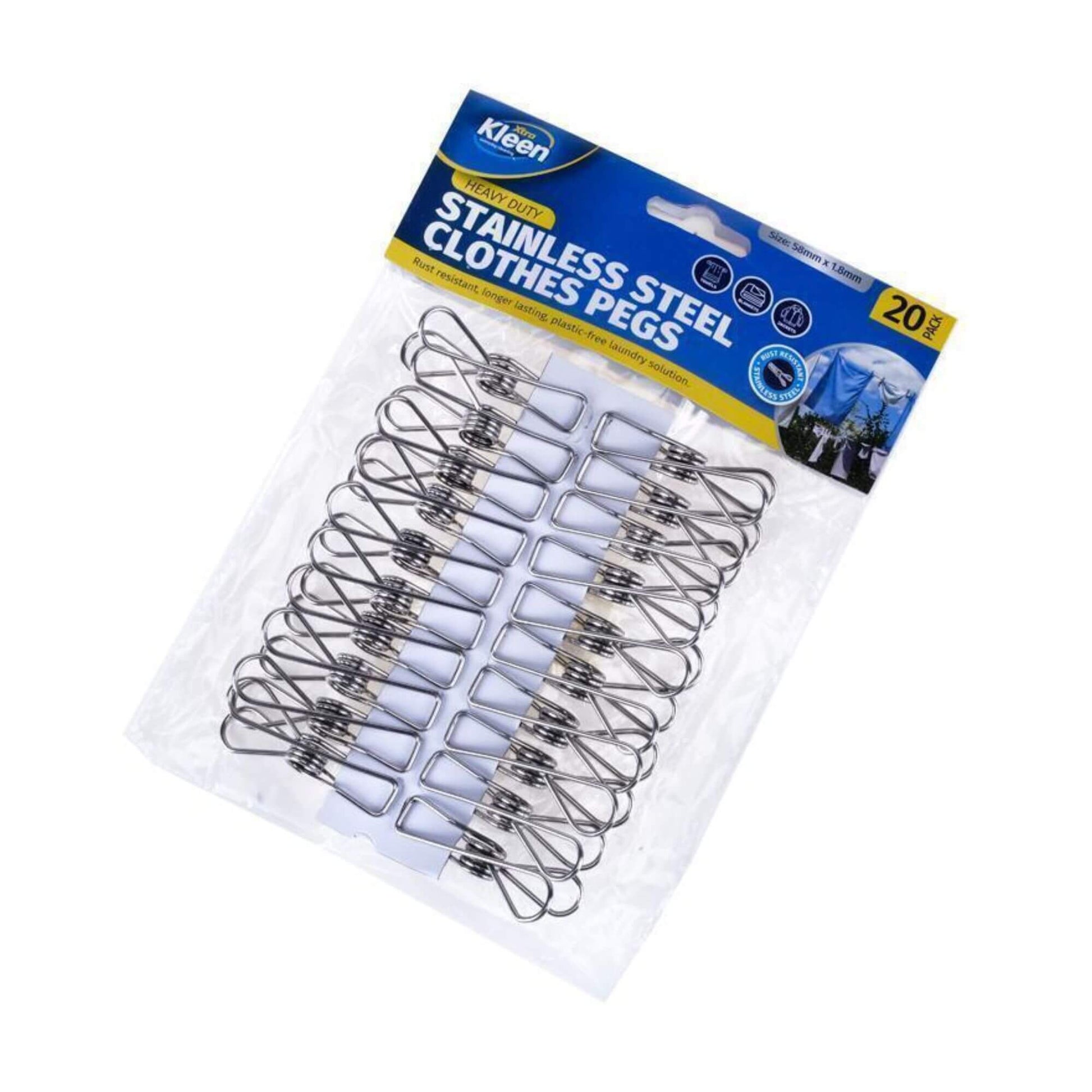 Stainless steel clothes pegs 5.8cm x 1.8cm in 20 pack with strong grip and rust-resistant design for caravan or home laundry use
