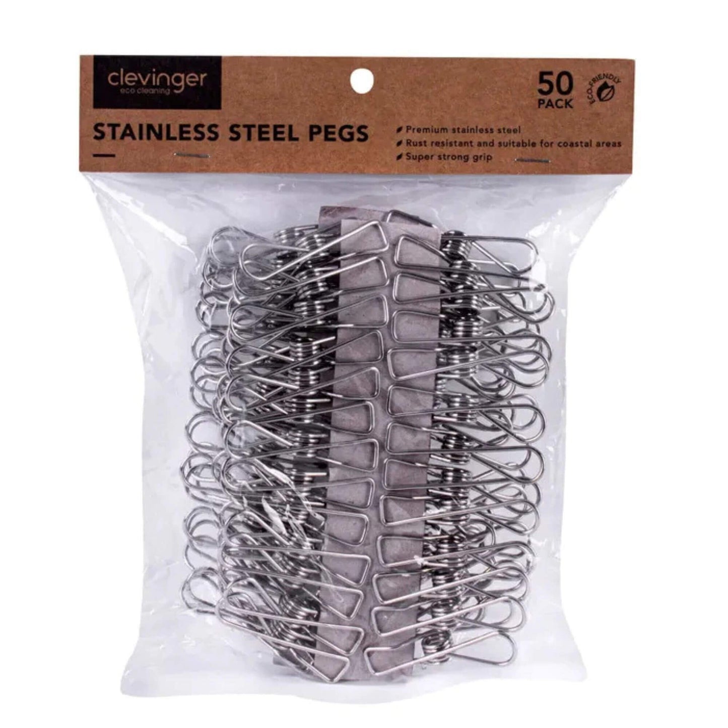 Pack of stainless steel pegs with Clevinger branding on a white background