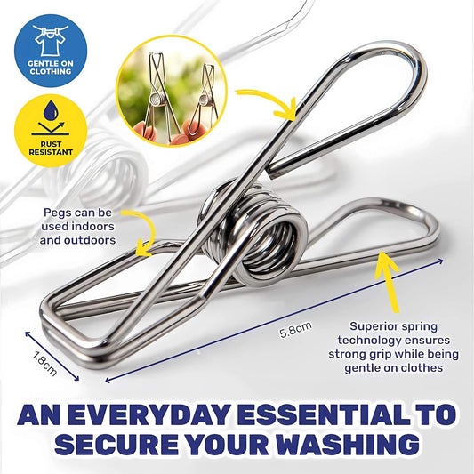 Stainless steel clothes pegs 5.8cm x 1.8cm in 20 pack with strong grip and rust-resistant design for caravan or home laundry use