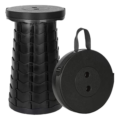 Telescopic collapsible portable stool black folded and extended with carry strap