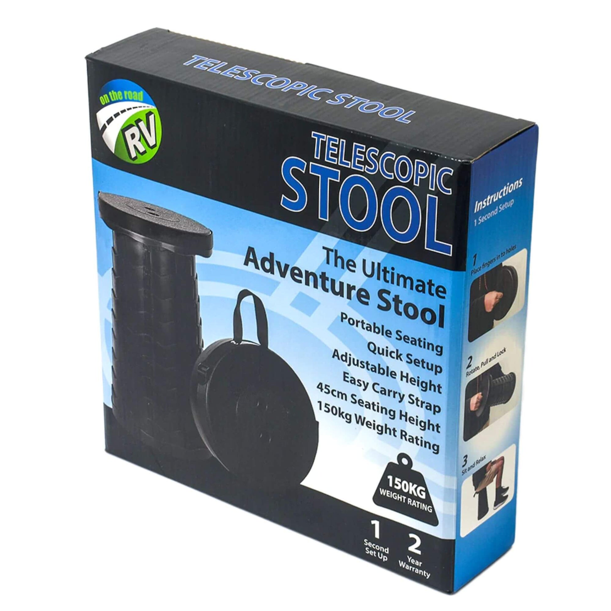 Telescopic stool packaging with product image and features on a white background