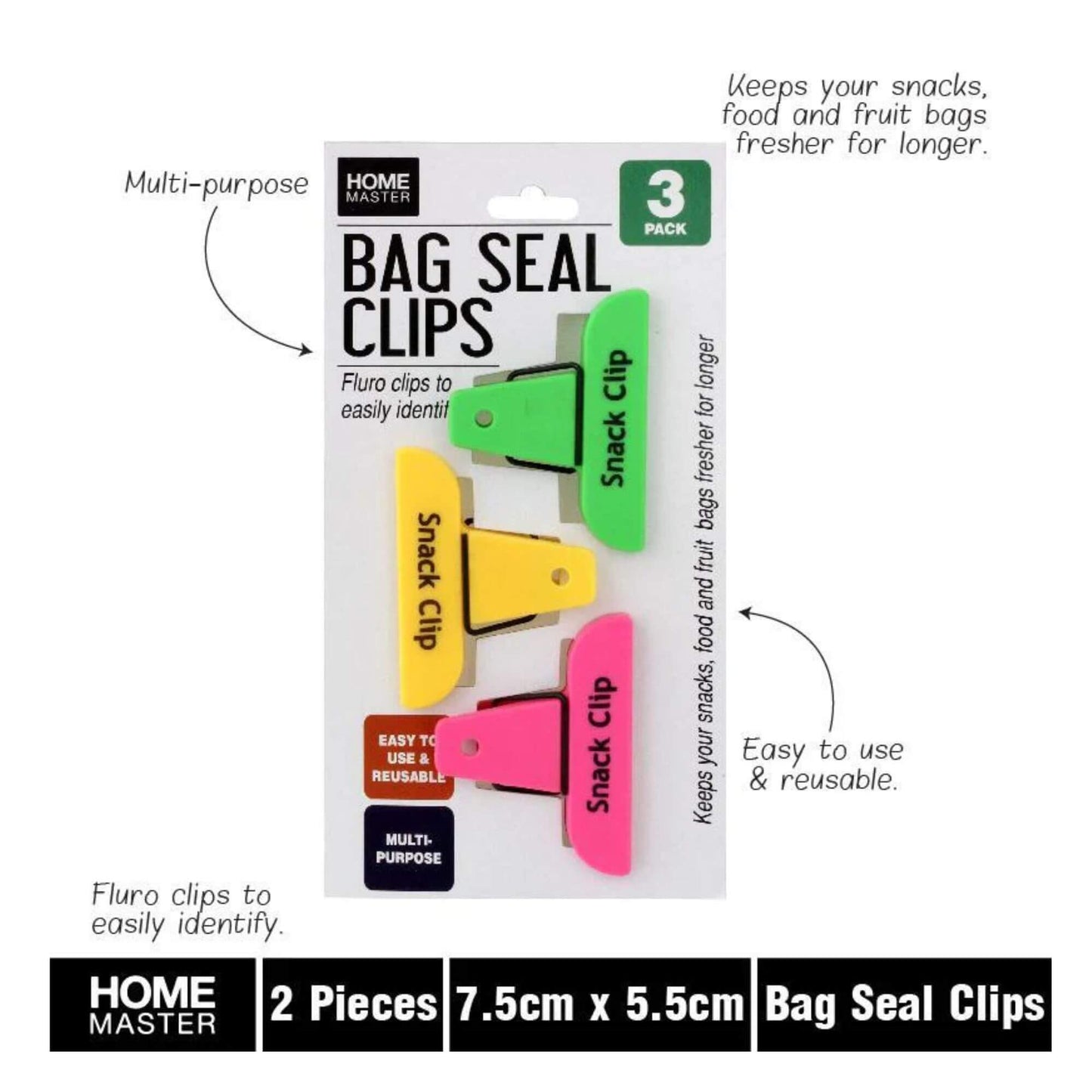 Bag Seal Clips 3-Pack in bright fluro colours — reusable 7.5 × 5.5 cm clips for sealing snack and food bags.