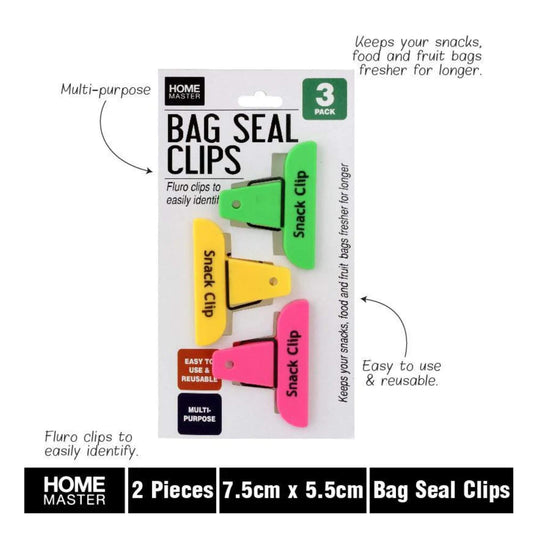 Bag Seal Clips 3-Pack in bright fluro colours — reusable 7.5 × 5.5 cm clips for sealing snack and food bags.