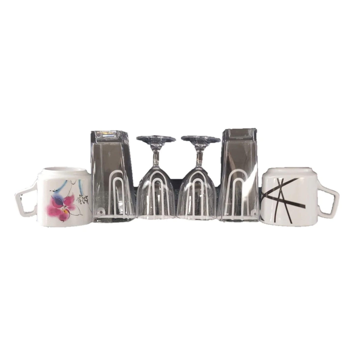 Set of silver wine glasses and mugs on a white background