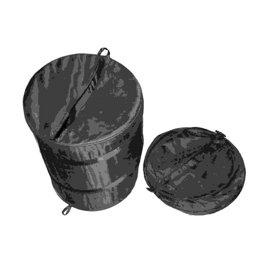 Collapsible clothes hamper in black for caravans, campers, and tents, space-saving and portable