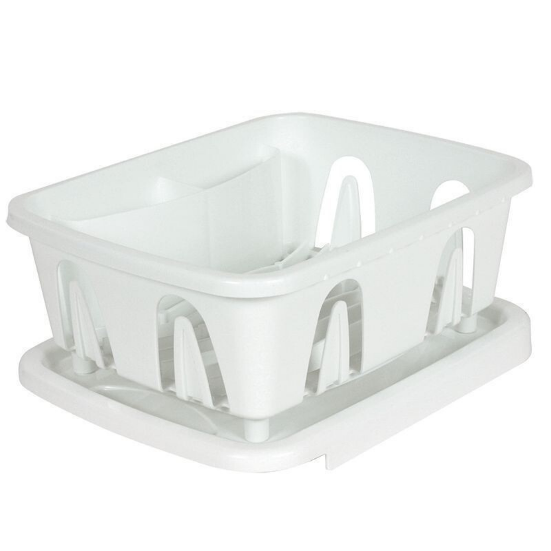 Mini Dish Drainer – Compact White Dish Drying Rack with Drip Tray for Caravans and Camping