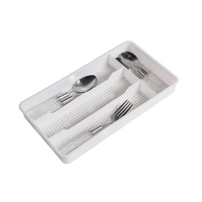 Small cutlery holder for caravans and RV kitchens, white plastic with four compartments