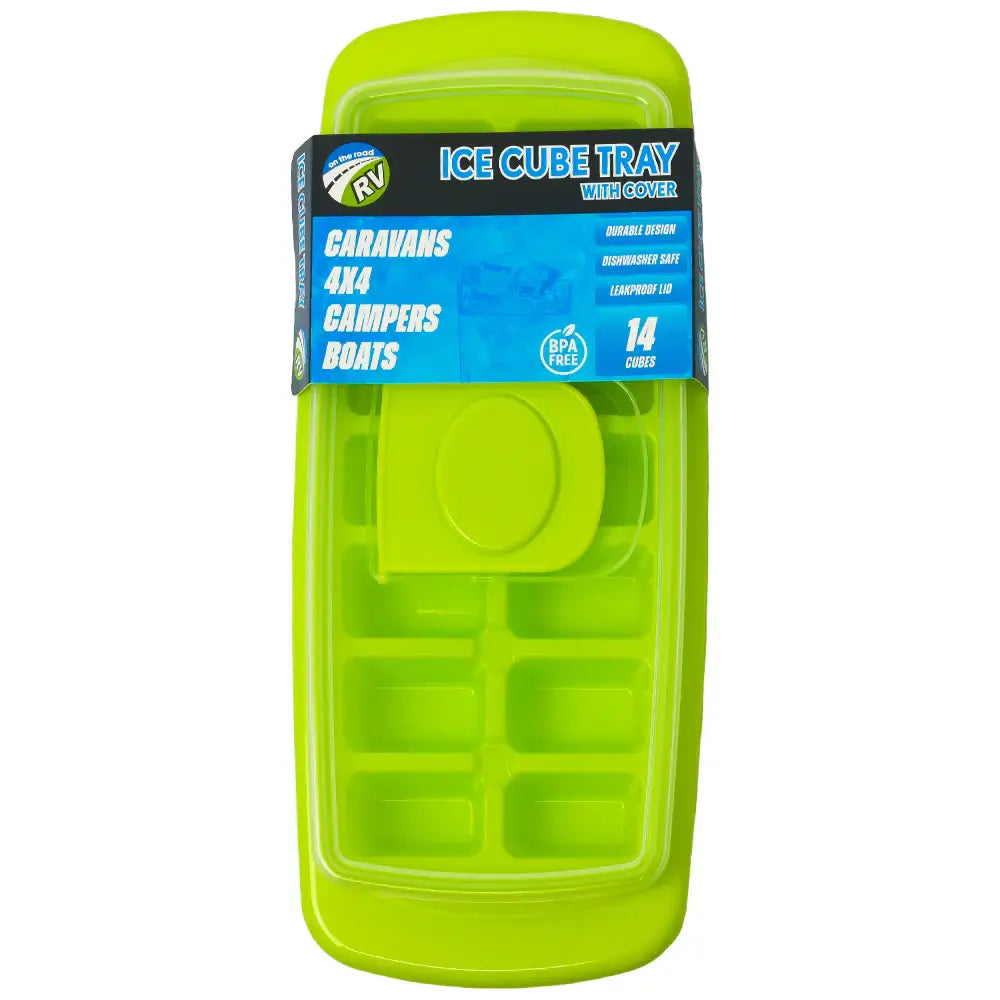 Green ice cube tray with protective cover, reusable design for making and storing ice cubes neatly in the freezer