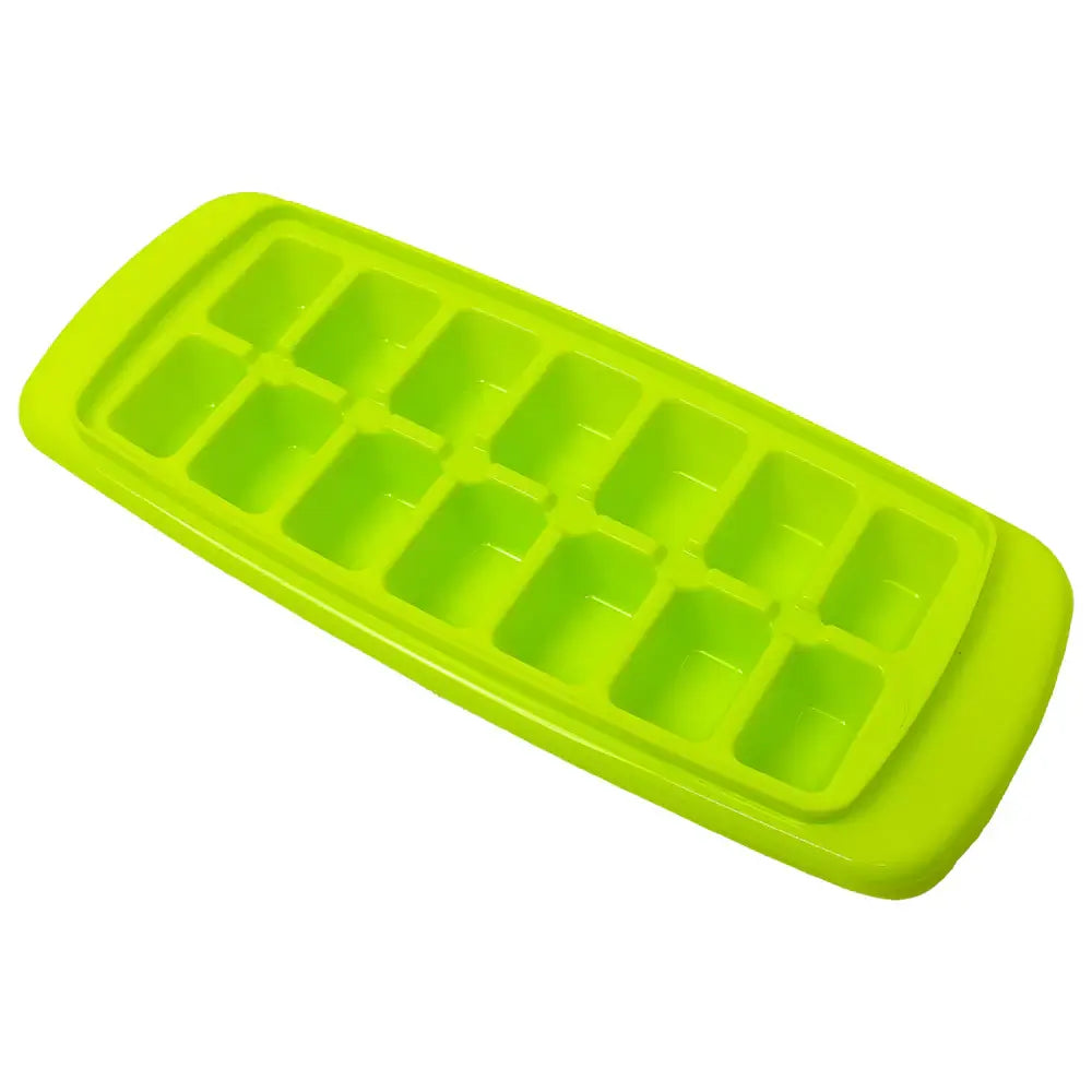 Green ice cube tray with protective cover, reusable design for making and storing ice cubes neatly in the freezer