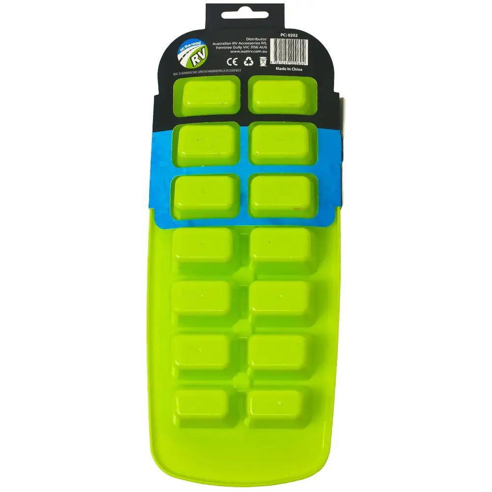 Green ice cube tray with protective cover, reusable design for making and storing ice cubes neatly in the freezer