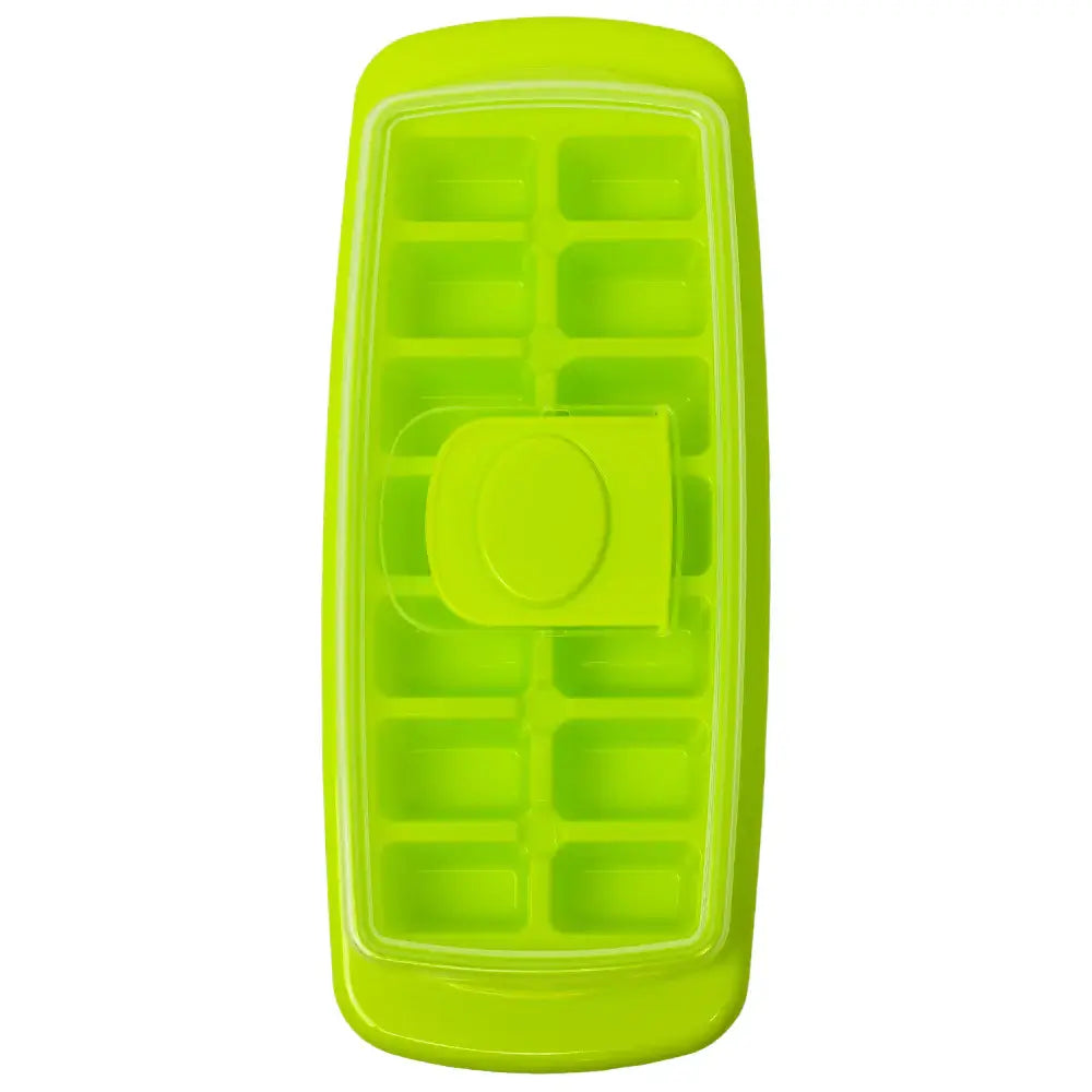 Green ice cube tray with protective cover, reusable design for making and storing ice cubes neatly in the freezer