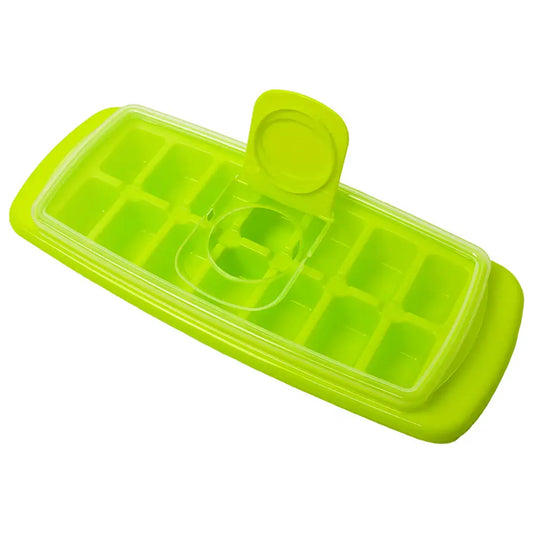 Green ice cube tray with protective cover, reusable design for making and storing ice cubes neatly in the freezer