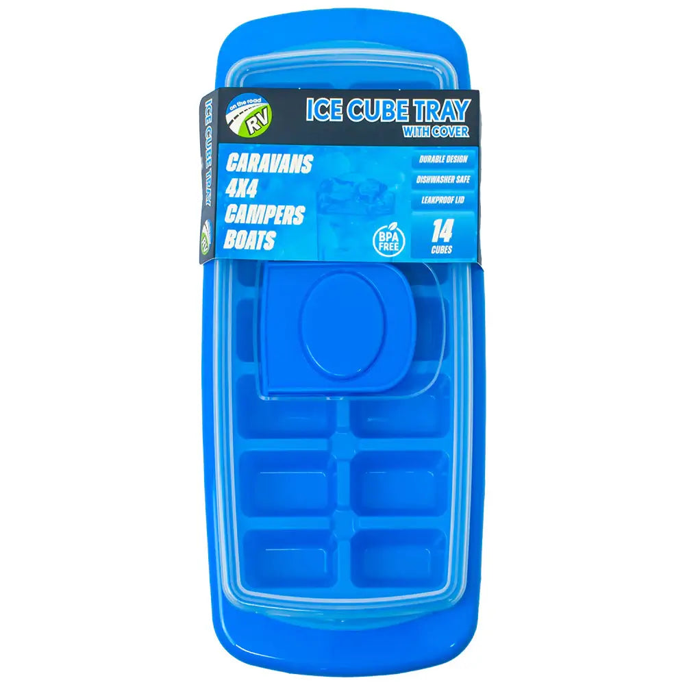 Blue ice cube tray with protective cover, reusable design for making and storing ice cubes neatly in the freezer