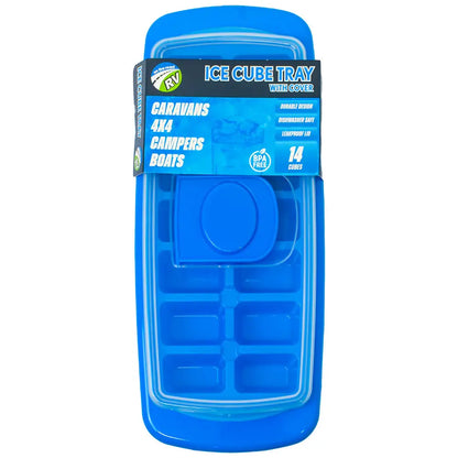 Blue ice cube tray with protective cover, reusable design for making and storing ice cubes neatly in the freezer