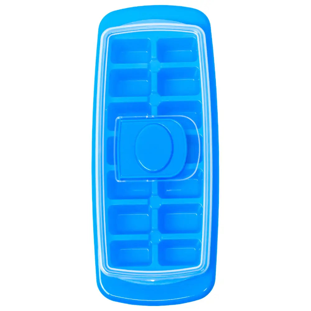 Blue ice cube tray with protective cover, reusable design for making and storing ice cubes neatly in the freezer