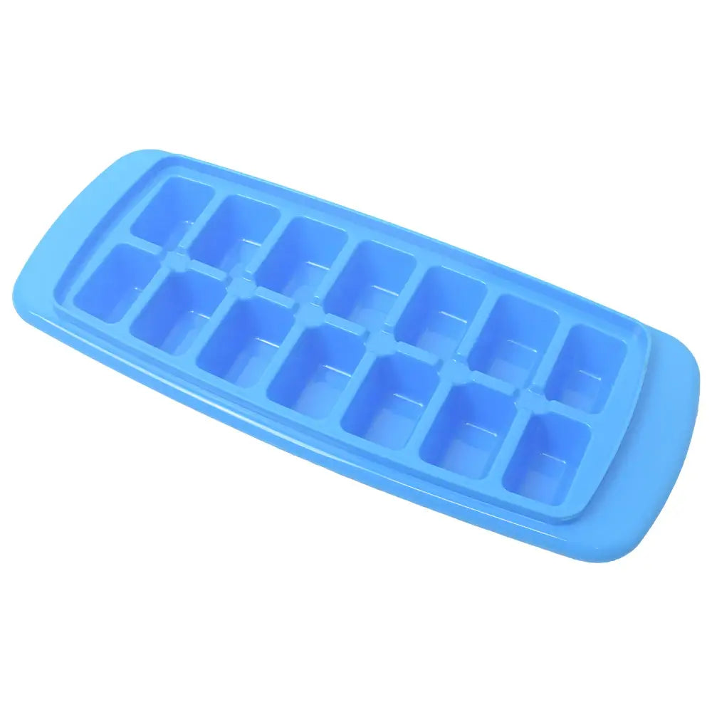 Blue ice cube tray with protective cover, reusable design for making and storing ice cubes neatly in the freezer