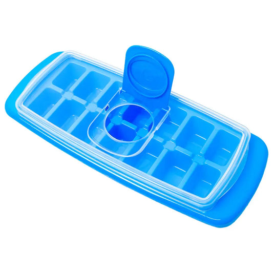 Blue ice cube tray with protective cover, reusable design for making and storing ice cubes neatly in the freezer