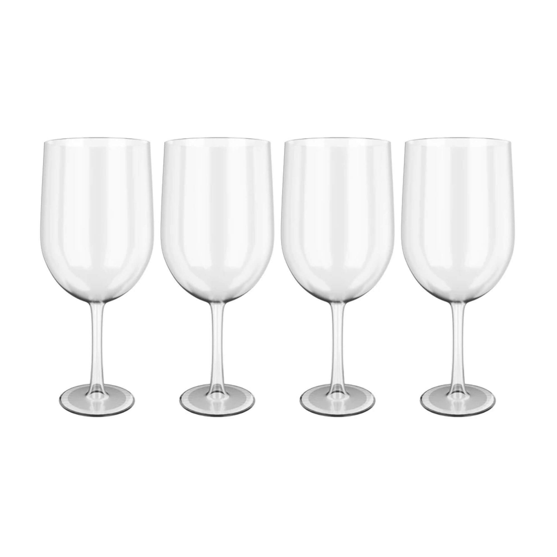 Set of four clear Tritan wine glasses suitable for red or white wine, lightweight and durable for caravan or outdoor use