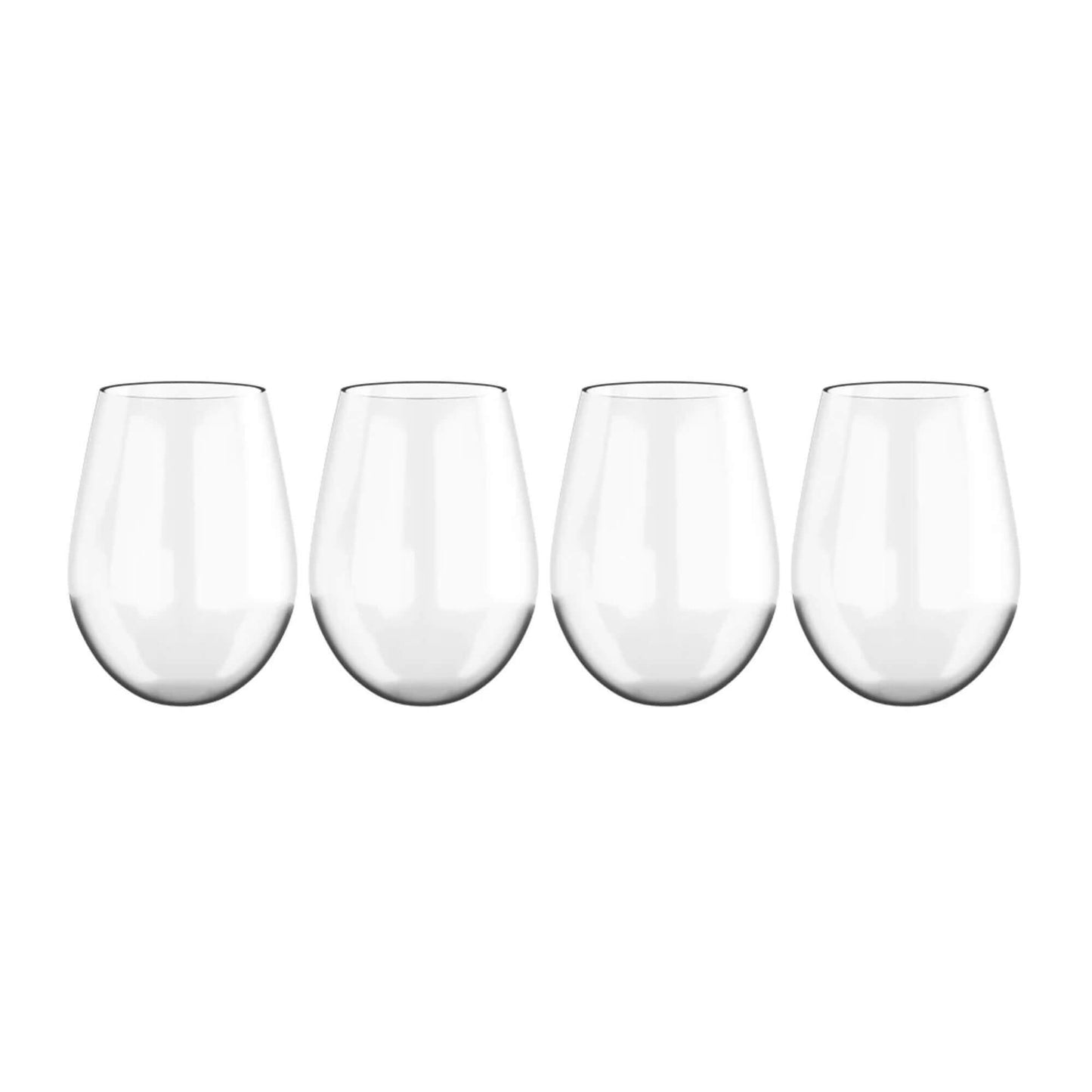 Four clear stemless wine glasses on a white background
