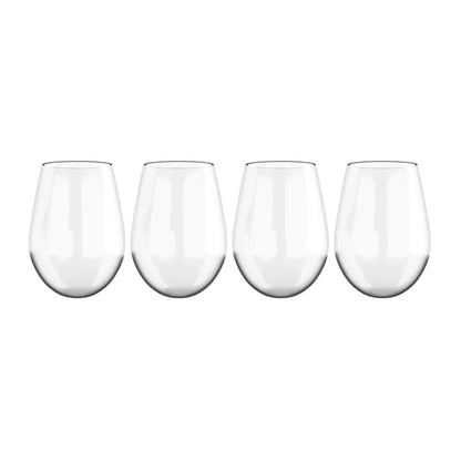Four clear stemless wine glasses on a white background