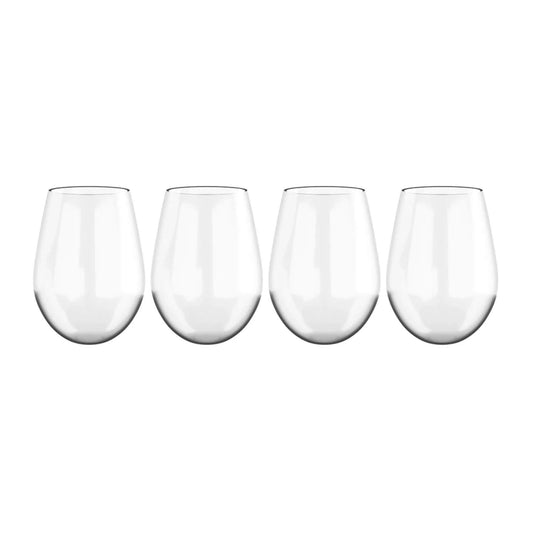 Four clear stemless wine glasses on a white background