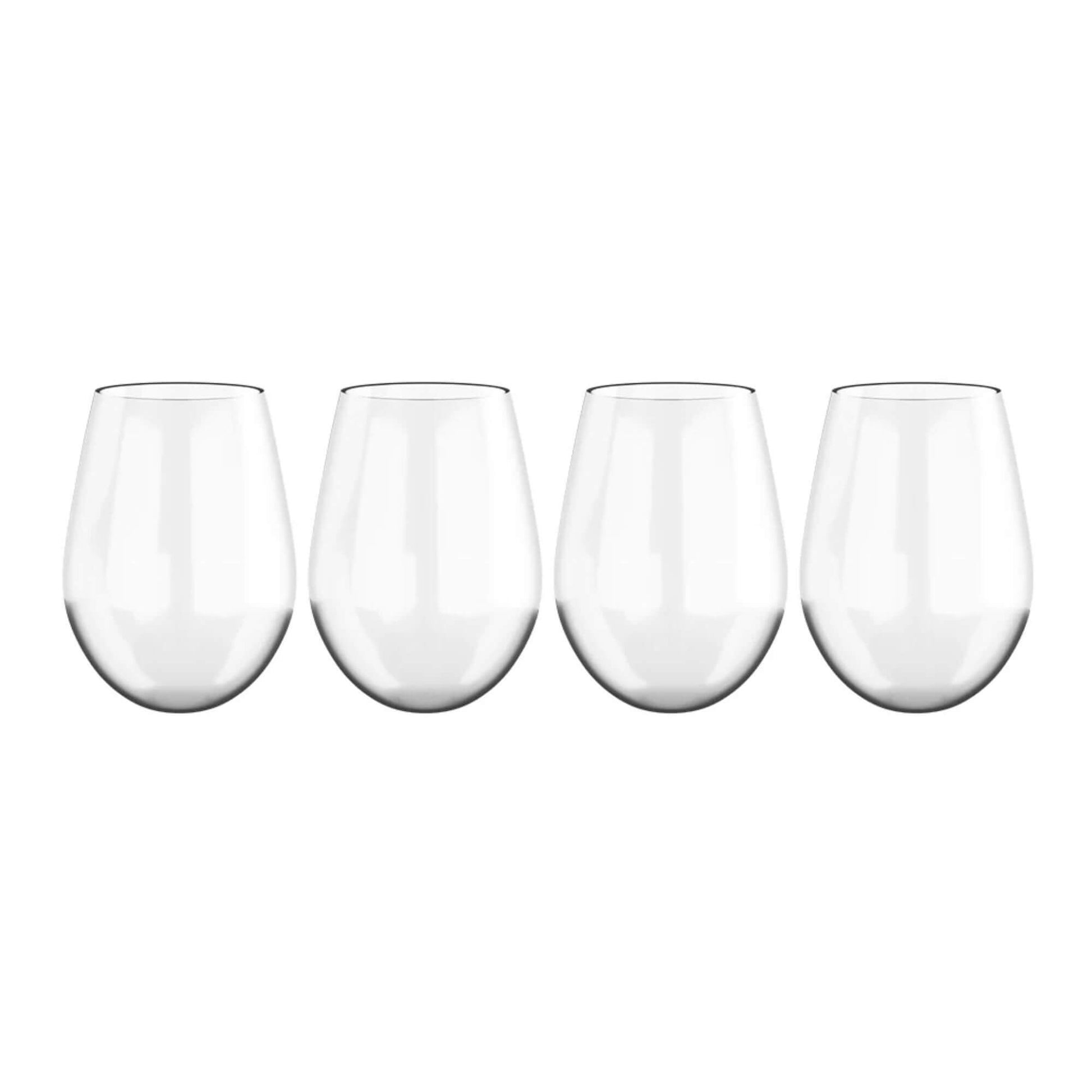 Set of four clear stemless wine glasses on a white background