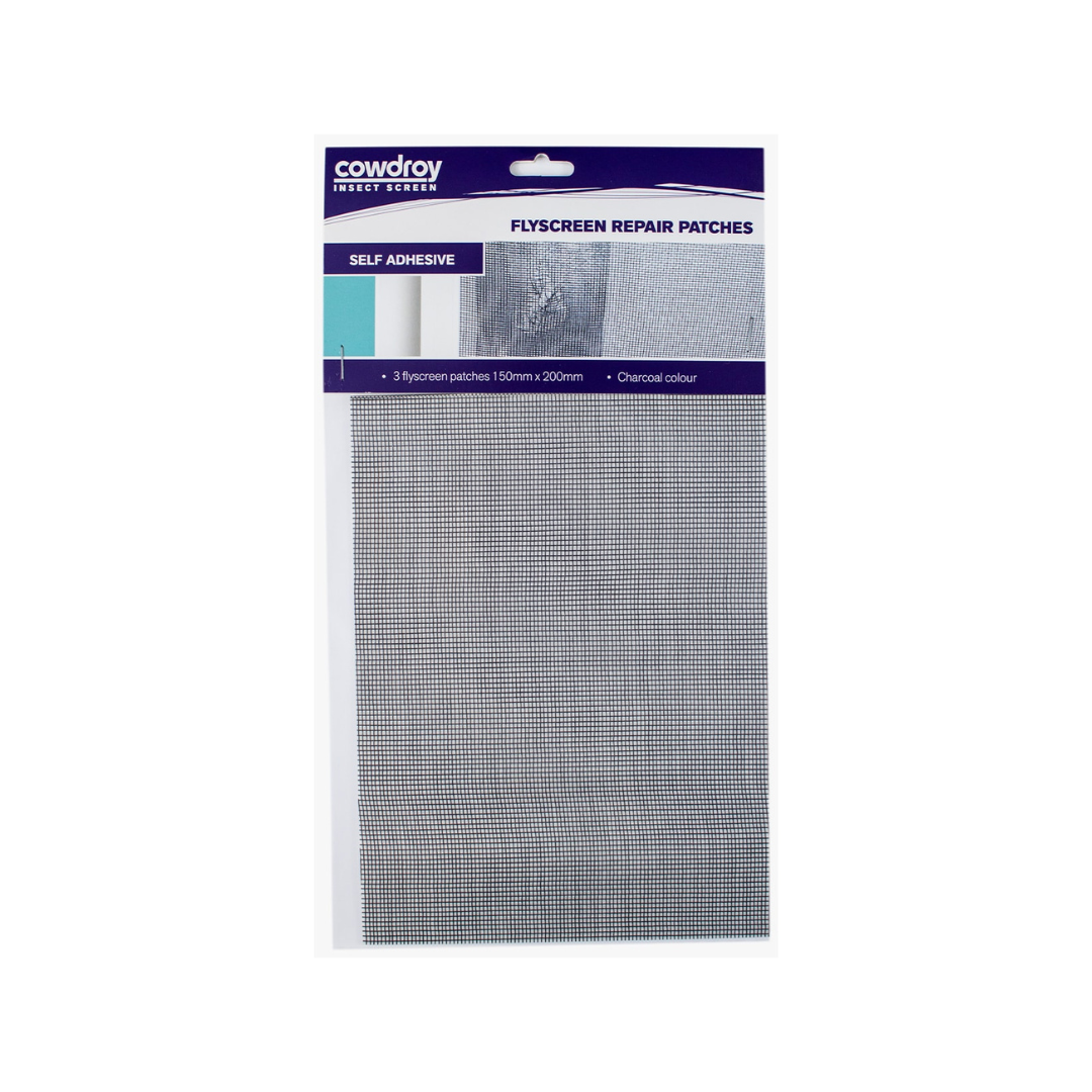 Cowdroy flyscreen repair patch 3-pack, large 150x200mm size for aluminium, fibreglass, and nylon screens