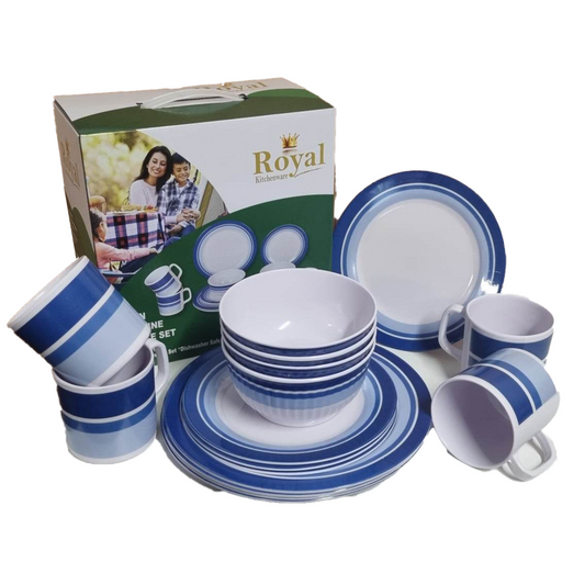 Royal Kitchenware Ocean 16-piece melamine dinnerware set with beach design – plates, bowls, and mugs