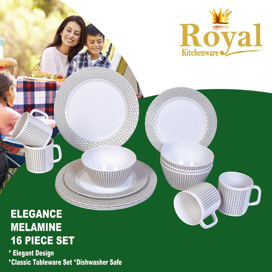 Royal Kitchenware Elegance 16-piece melamine dinner set with plates, bowls, and mugs