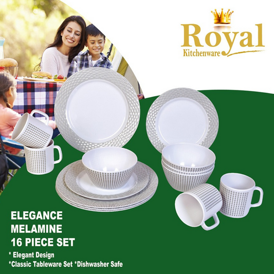 Royal Kitchenware Elegance 16-piece melamine dinner set with plates, bowls, and mugs
