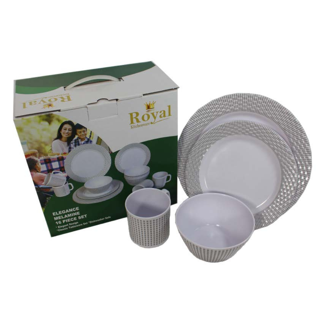 Royal Kitchenware Elegance 16-piece melamine dinner set with plates, bowls, and mugs