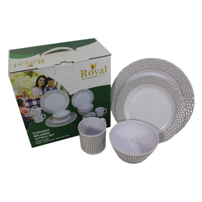 Royal Kitchenware Elegance 16-piece melamine dinner set with plates, bowls, and mugs
