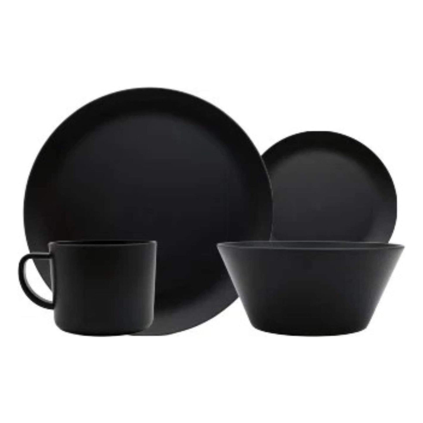 Black dinnerware set including a mug, bowl, and plates on a white background