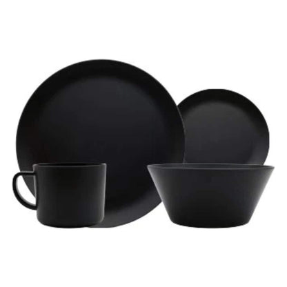 Black dinnerware set including a mug, bowl, and plates on a white background