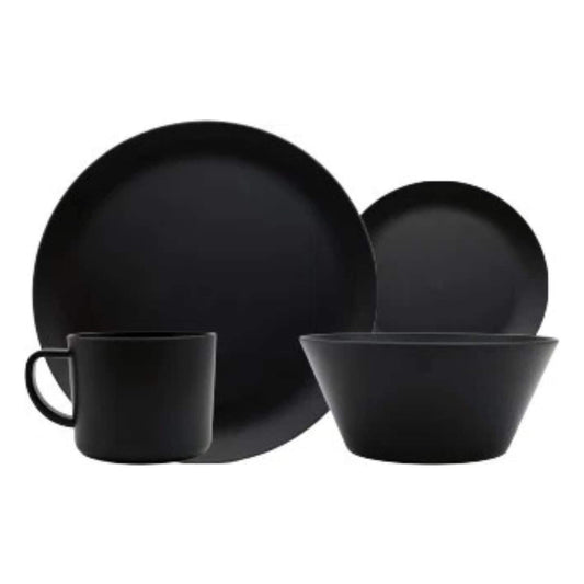 Black dinnerware set including a mug, bowl, and plates on a white background