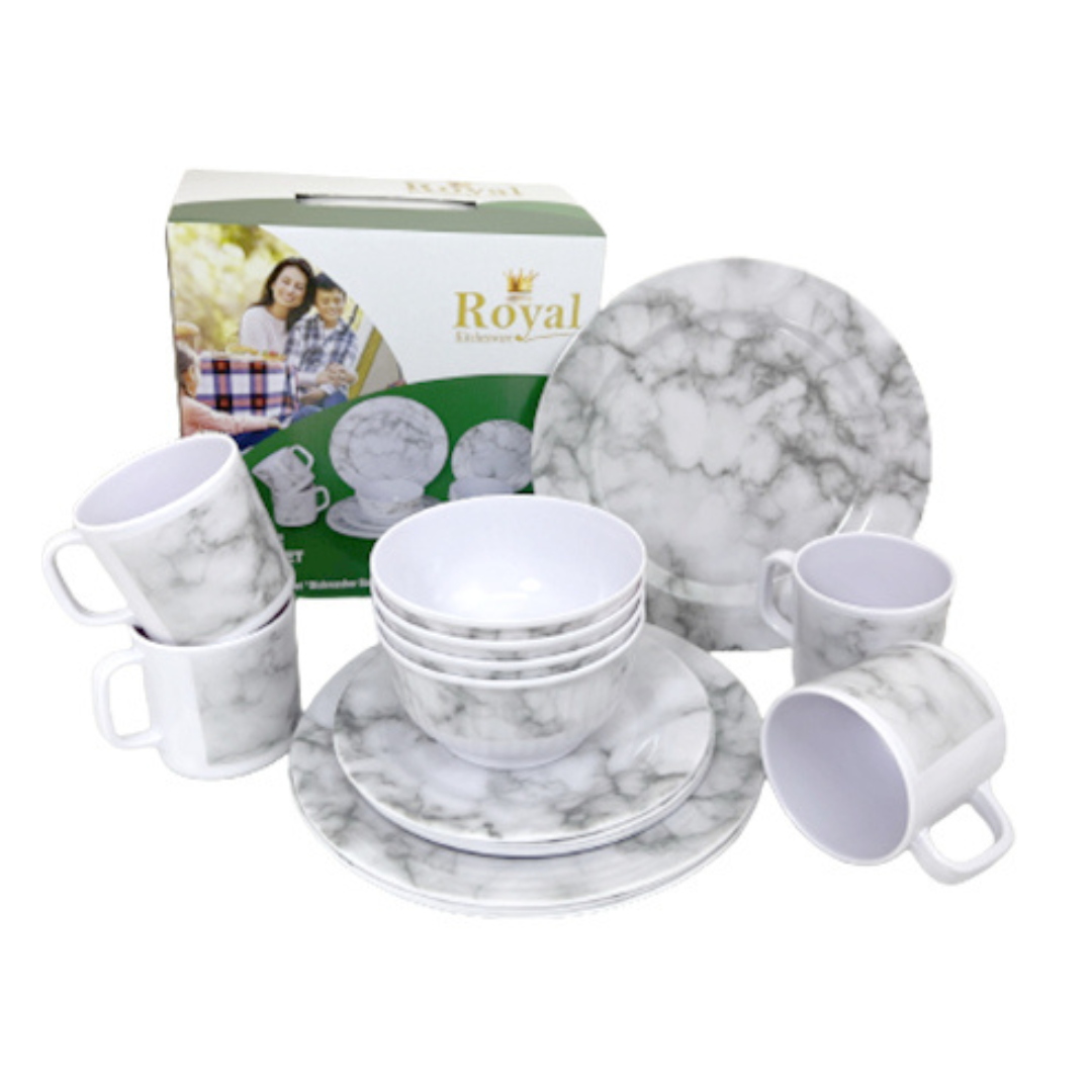 Royal Kitchenware marble 16-piece melamine dinner set with modern plates, bowls, and mugs