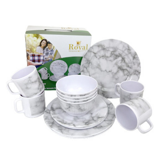 Royal Kitchenware marble 16-piece melamine dinner set with modern plates, bowls, and mugs