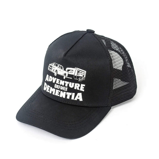Black trucker hat with mesh back and Adventure Before Dementia embroidered design