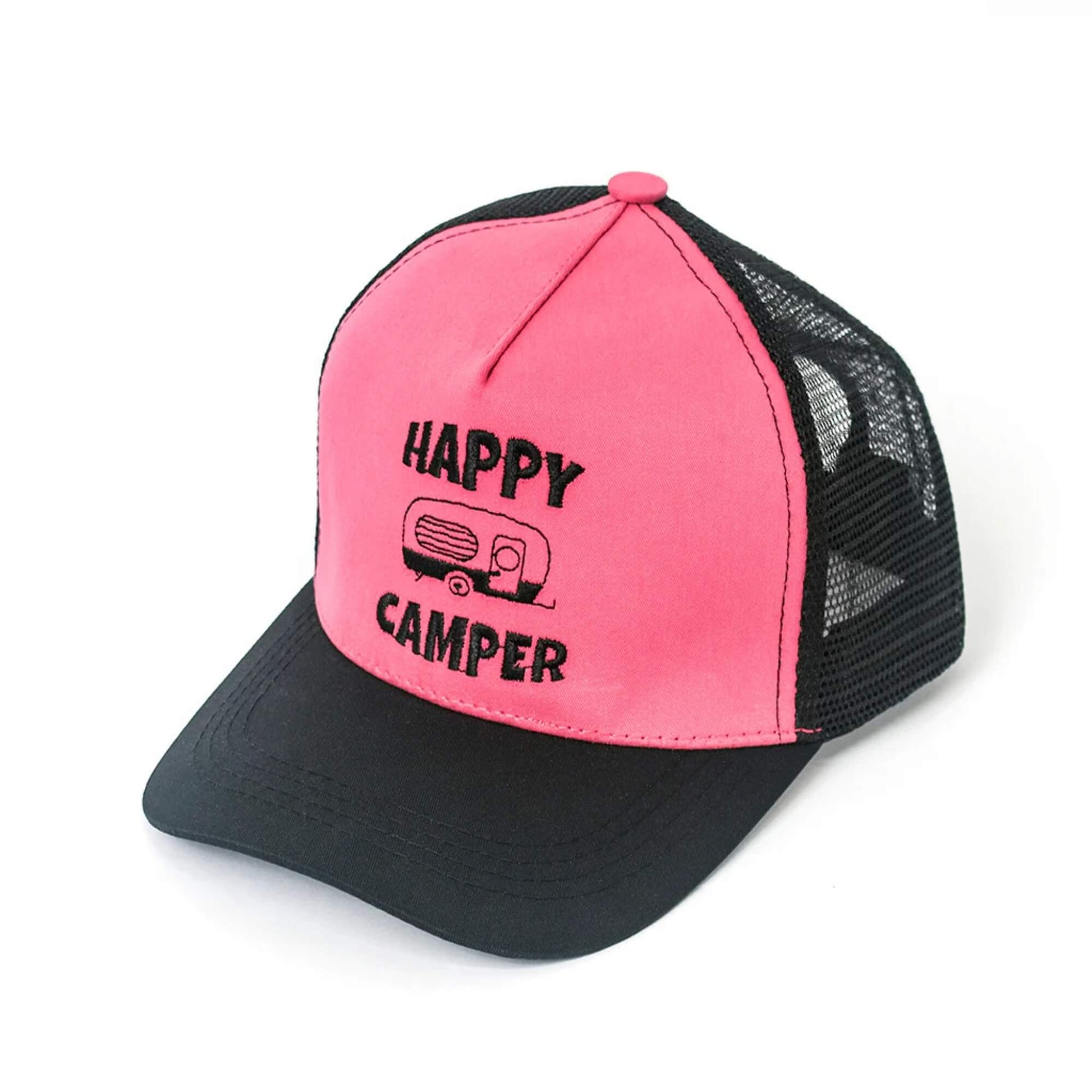 Pink and black trucker hat with embroidered Happy Camper caravan design