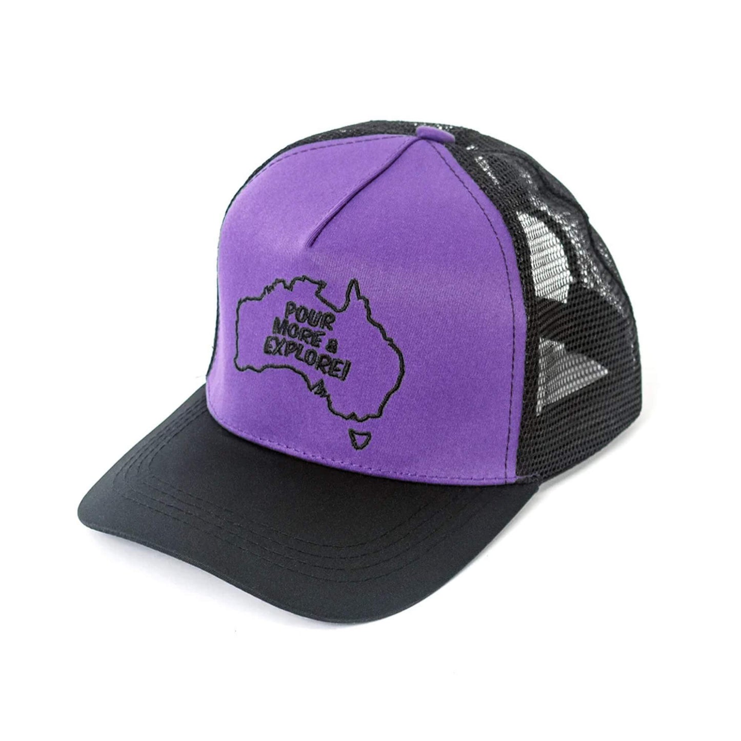 Purple and black trucker hat with embroidered Pour More & Explore Australia map design