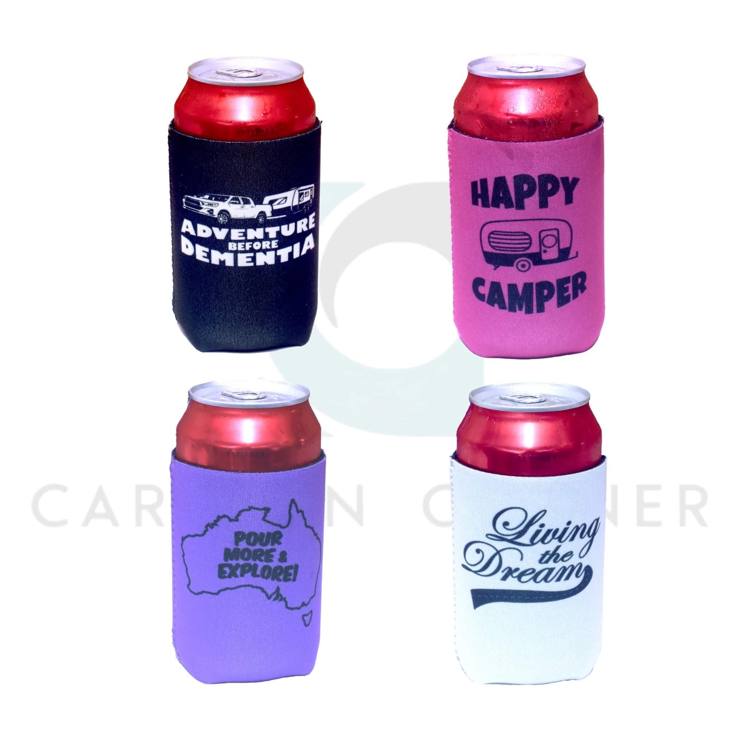 Four assorted magnetic stubby holders in adventure-themed designs