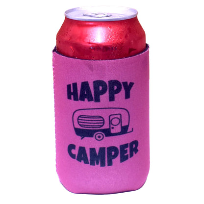 Pink Happy Camper magnetic stubby holder keeping a red can cold